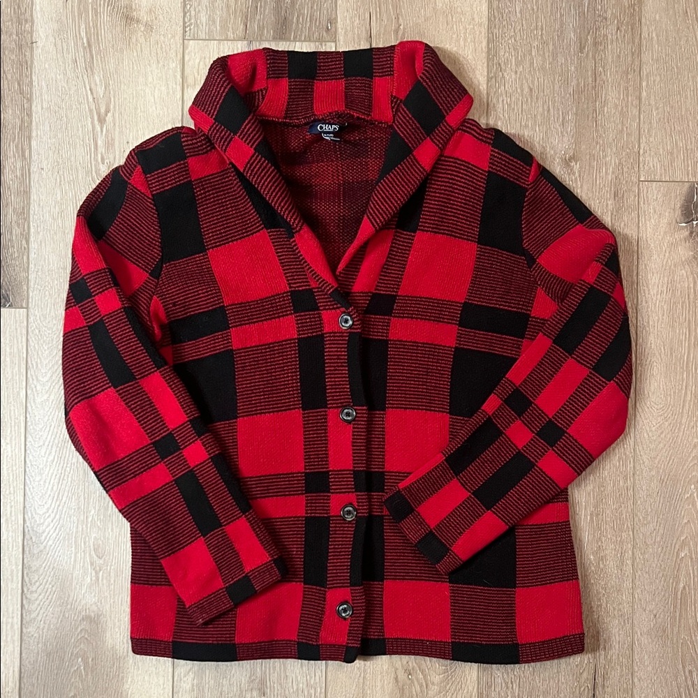 Chaps ~ misses XL red & black Buffalo check cardigan 4-button grandpa sweater